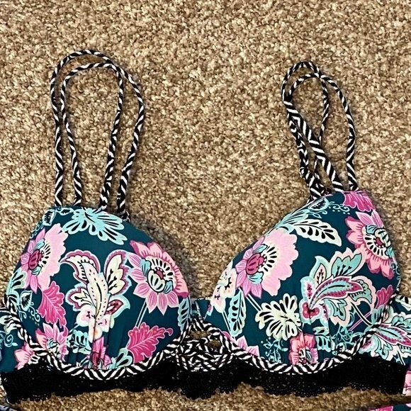 Time and Tru Floral Lace Boho Padded Womens Swimsuit Top Size Large - Picture 1 of 7